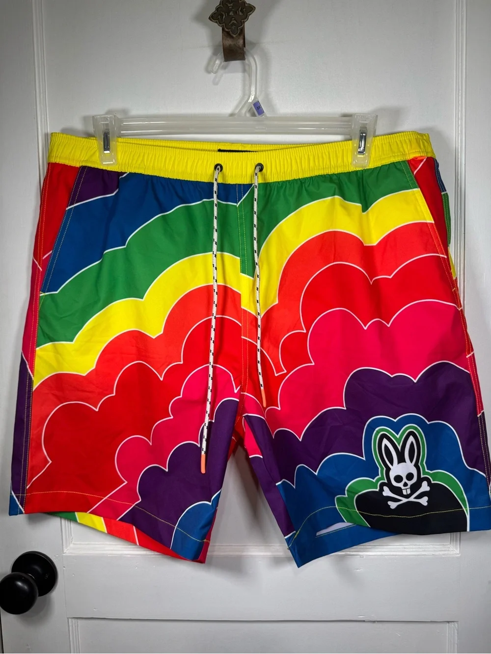 Psycho Bunny Men’s Rainbow Wave Swim Shorts - Red, Yellow, Green, Blue, Purple